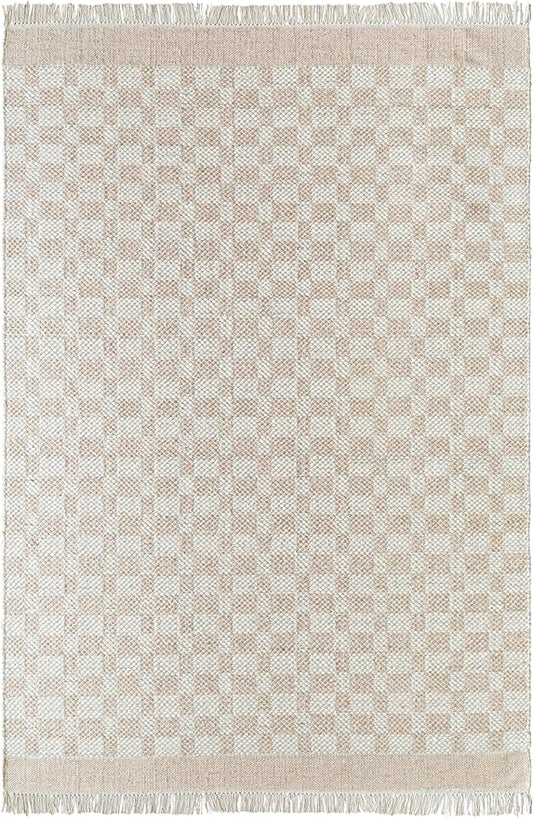 Mark&Day Wool Rugs, 2x8 Clinten Solid and Border Tan Runner Checkered Rug, Tan Ivory Carpet for Hallway, Kitchen, Bedroom or Living Room (2'6" x 8' Runner)