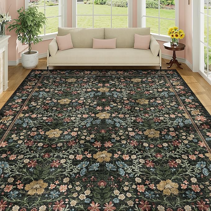DUKINO 8x10 Area Rugs for Living Room, Vintage Floral Washable Rug with Non Slip Backing, Soft Low Pile & Non-Shedding Large Carpets for Bedroom, Farmhouse, Dining Room, Home Office, Black