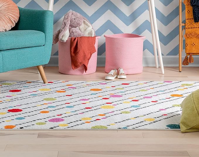 Well Woven Modern Rug Dandy Dots Stripes Ivory 3'3'' x 5' Accent Area Rug Entryway Bright Kids Room Kitchn Bedroom Carpet Bathroom Soft Durable Area Rug