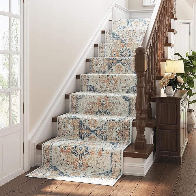 jinchan Kelda Runner Rug 2x7 Hallway Rug Washable Runner Vintage Mat Retro Print Lightweight Non-Slip Floor Cover Distressed Thin Carpet for Entryway Bathroom Bedroom Laundry Room Stairway Orange