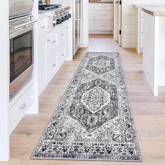KOZYFLY Runners for Hallways 2x6 Ft Washable Kitchen Runner Rug Non Slip Runners for Entryway Indoor Printed Faux Wool Hallway Rugs Floor Carpet for Bedroom Kitchen Hall, Grey