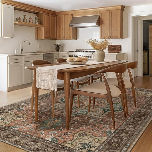 GENIMO 8x10 Area Rugs for Living Room, Machine Washable Non Slip Vintage Rugs, Low Pile Lightweight Chenille Print Rug for Bedroom, Dining Room, Home Office, Rosewood