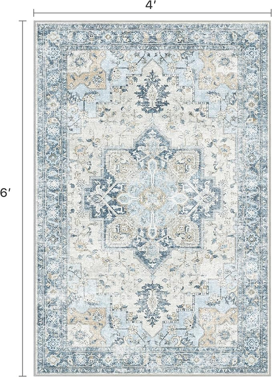 4x6 Area Rugs for Living Room, Machine Washable Rug, Non Slip Vintage Rugs, Low Pile Lightweight Print Rug for Bedroom, Dining Room, Home Office, Blue
