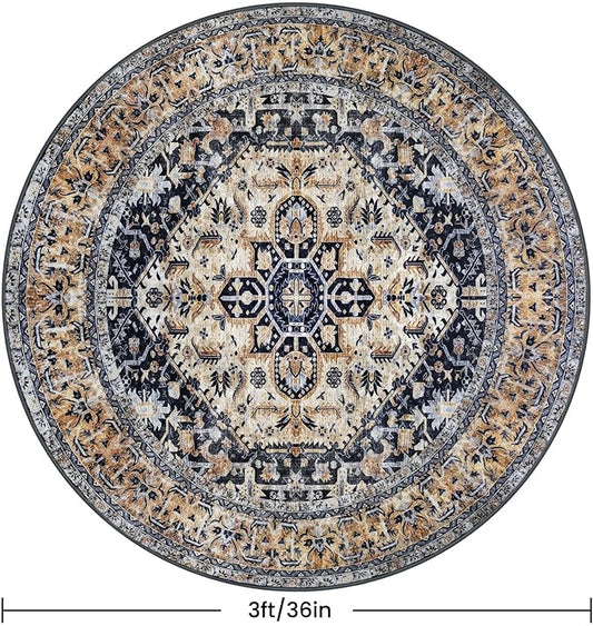 KOZYFLY Boho Round Rug 3 Ft Rugs for Entryway Washable Circle Rug Non Slip Doormat Gold Navy Printed Faux Wool Vintage Round Entryway Rug Floor Carpet Round for Entrance, Bedroom