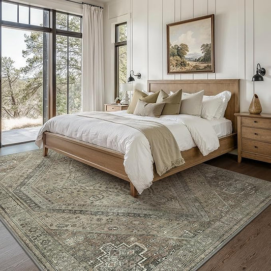 Bavni Washable Rug 8x10 Area Rug for Living Room Bedroom Dining, Washable Vintage Print Carpet, Ultra-Thin Chenille Low Pile Lightweight Rug with Non Slip Backing, Tan