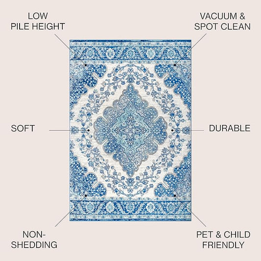 JONATHAN Y Boho Vintage Cream/Blue 5x5 Square Area Rug, Bohemian Flair Medallion, Floral Easy-Cleaning High Traffic for Living Room, Bedroom, Kitchen, Pet-Friendly, Non Shedding (BMF106AB-5SQ)