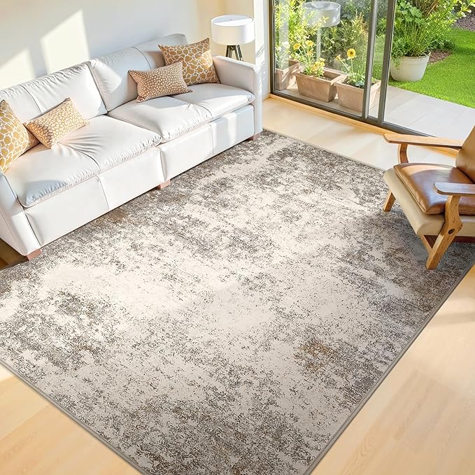 10x14 Washable Area Rugs - Modern Abstract Large Rugs for Living Room Non-Slip Low Pile Soft Machine Washable Carpet for Bedroom, Under Dining Table, Nursery, Farmhouse (10'x14' Brown Grey)