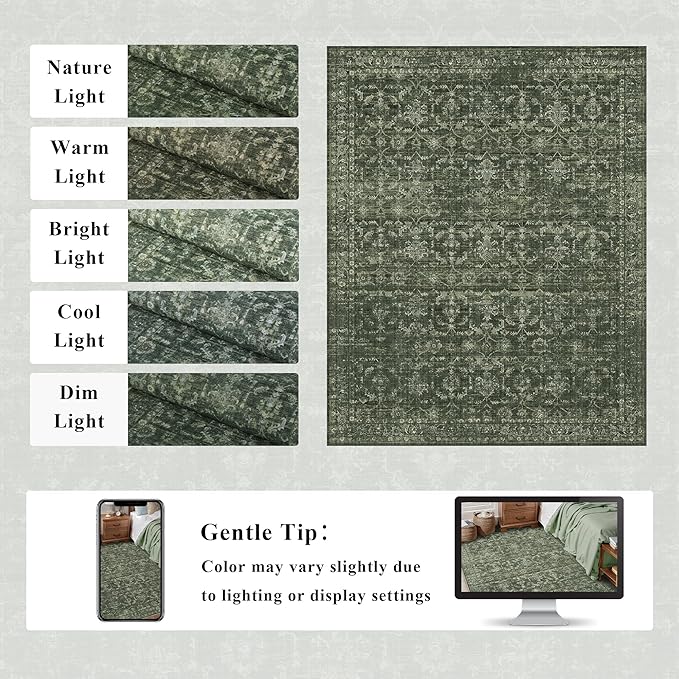 Washable Area Rug 8x10 Green Rugs for Living Room, Vintage Boho Large Rug for Bedroom Dining Room Office, Distressed Floral Print Carpet for Under Table, Soft Non Slip Low Pile Throw Carpet Indoor Mat