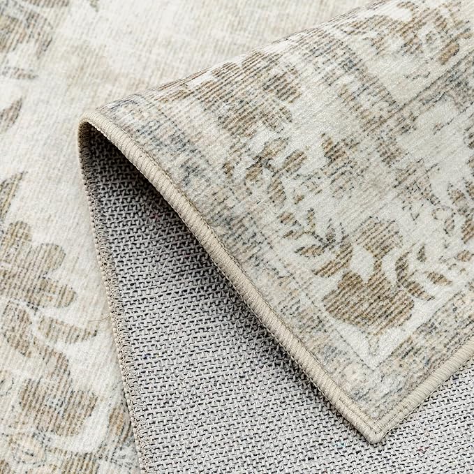 5x8 Area Rug Beige Washable Vintage Distressed Living Room Carpet Large Bedroom Indoor Neutral Medallion Floral Non Slip Retro Throw Floor Mat for Office Dining Room Kitchen Bathroom