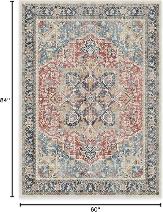 RUGGABLE Washable Vintage Area Rug – Kamran Cayenne Red 5x7, Stain-Resistant, Non-Slip – Medium Machine Washable Rugs for Living Room, Bedroom, Hallway, Entryway & Office–with Cushioned Pad