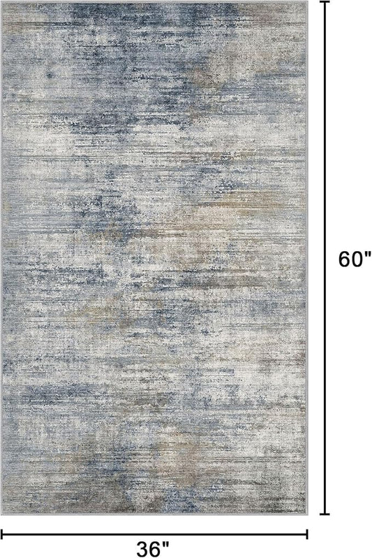 Bavni Washable Rug, Soft Abstract Rugs Non-Slip, Thin Foldable 3x5 Rug, Modern Stain Resistant Area Rug for Living Room, Kitchen, Bedroom, Blue/Light Grey