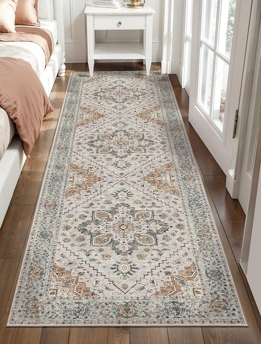 Tangsoo 2.6x10 Hallway Runner Rugs, Washable Runner Rug for Hallways Non Slip Vintage, Neutral Soft Low Pile Long Rug Runner, Indoor Carpet Runners for Living Room Kitchen Bedroom Entryway Grey