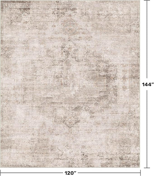 Tan Rugs for Living Room - 10x12 Vintage Large Floor Carpet Rug for Dining Room Under Table, Washable Non Slip with Rubber Backed