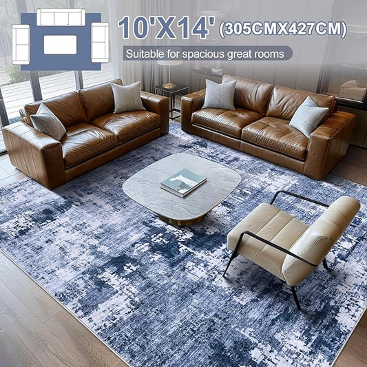 Area Rug Living Room Rugs - 10x14 Washable Large Soft Indoor Neutral Modern Abstract Low Pile Rug Carpet for Bedroom Dining Room Farmhouse Home Office - Navy Blue