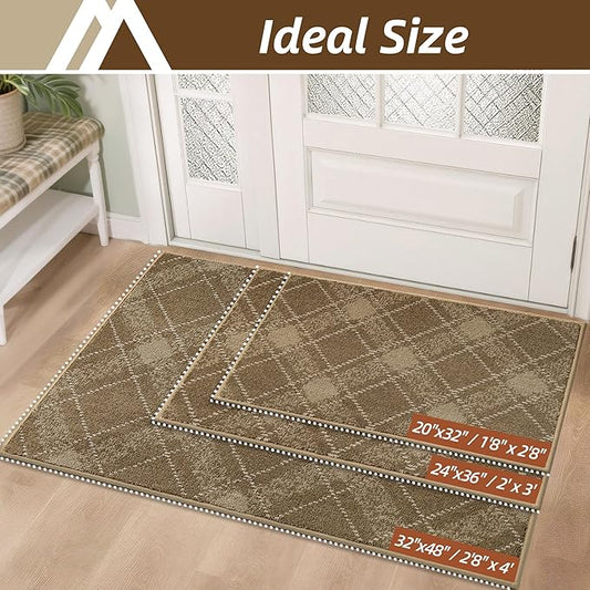 COSY HOMEER Plaid Door Mat 20" x 32",Dirt Trapper Entryway Rugs,Non-Slip Washable Farmhouse Doormat,Low Profile Welcome Mats for Paws Taupe