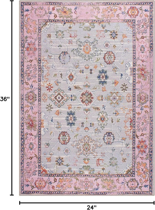 GLN Rugs Traditional Collection - Machine Washable Area Rug, Traditional Washable, Non Slip, Low Pile Chenille Rug, Living Room, Bedroom, Kitchen Rug (2' x 3' Pink/Blue/Multicolor)