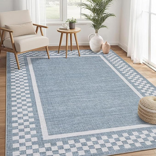 GarveeHome 5x7 Washable Area Rug for Bedroom Living Room Non Slip Modern Bordered Throw Rugs Low Pile Soft Checkered Dining Room Area Rugs Geometric Throw Carpet for Kitchen Nursery Office, Blue