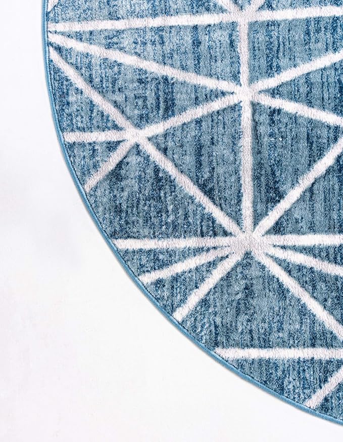 Rugs.com Lattice Trellis Collection Rug – 3 Ft Round Blue Low-Pile Rug Perfect for Kitchens, Dining Rooms