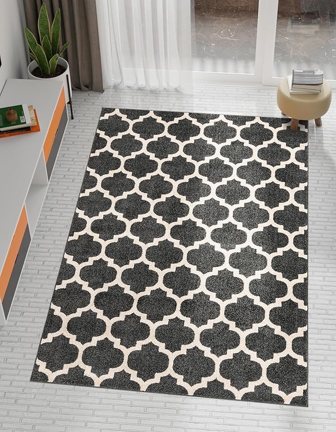 Rugs.com Lattice Collection Rug – 8x11 Black Medium-Pile Rug Perfect for Living Rooms, Large Dining Rooms, Open Floorplans