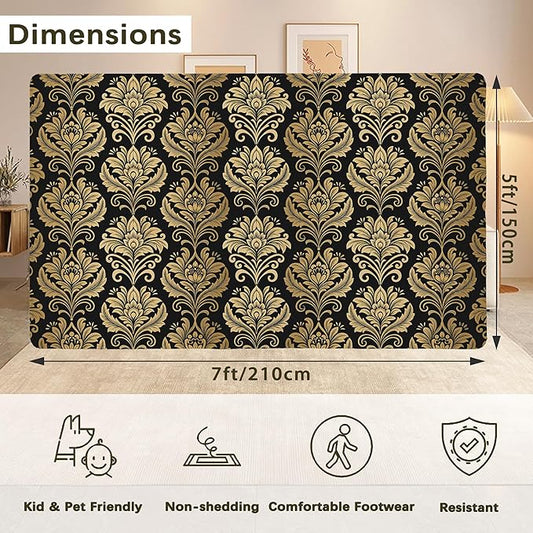 Black Damask Flower Golden Carpet for Living Room, 5x7 Non-Slip Washable Low Pile Abstract Design Rug, Space Saving Area Rug for Bedroom, Dining Room