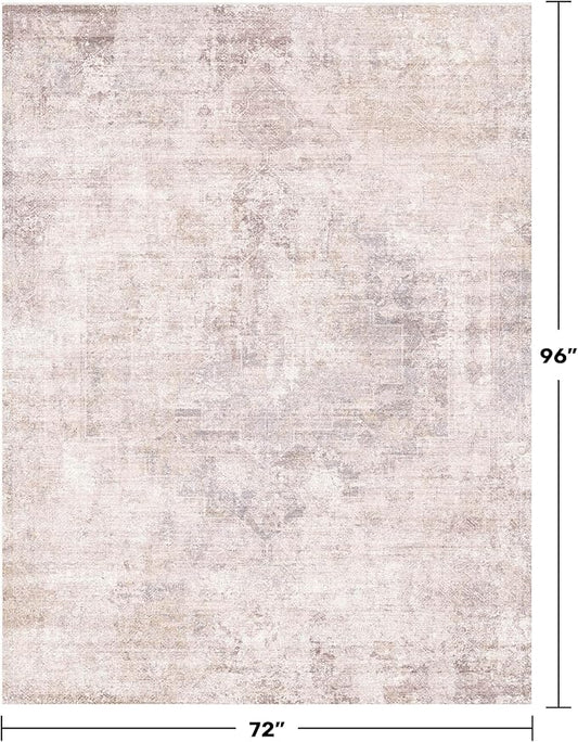 Pink and Grey 6x8 Living Room Rug, Morden Washable Area Rug for Bedroom, Non Slip Carpet for Dinning Room Under Table, Medallion Distressed Print Pattern
