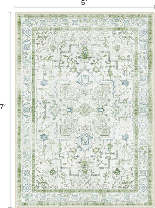 5x7 Area Rugs for Living Room, Machine Washable Rug, Non Slip Vintage Rugs, Low Pile Lightweight Print Rug for Bedroom, Dining Room, Home Office, Cream Green