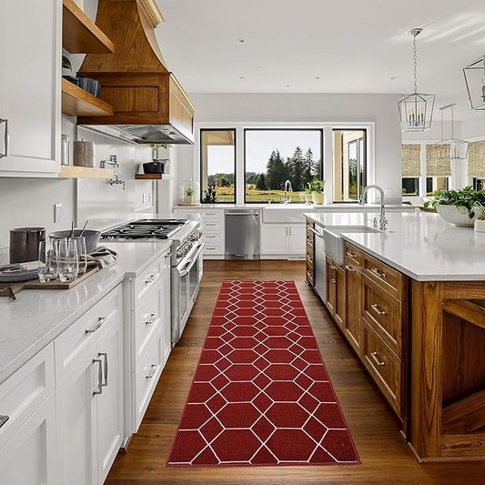 Custom Made Runner Rug for Kitchen Foyer Hallway Entry Choose Your Length Size 26 Inch Wide Geometric Lattice Design Red Color (2 feet x 26 inch)
