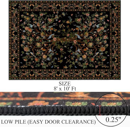8x10 Area Rugs for Living Room, Machine Washable Non-Slip Carpet, Boho Floral Low Pile Throw Rugs for Bedroom, Dining Room, Office, Nursery, Vintage Home Decor(Black)