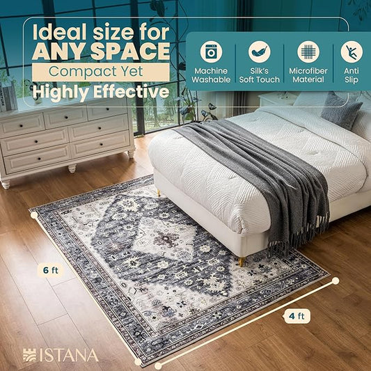 Istana 4x6 Rug - Dark Grey Blue & Rose Mauve Area Rugs 4x6 - Kid & Pet Friendly Machine Washable Rugs - 4 x 6 Area Rug Non Slip & Non Shedding Area Rug - Foldable Rug for Room for Bedroom