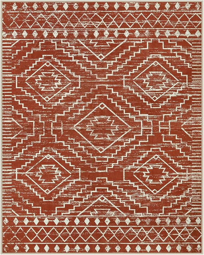 Wonnitar Moroccan 8x10 Area Rugs for Living Room, Washable Large Brown Rug for Bedroom, Non-Slip Soft Thin Stain Resistant Boho Tribal Floor Carpet for Dining Guest Room Office (Brown,8'x10')