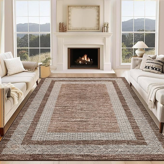 GarveeHome Extra Large Area Rug 10x13 Modern Geometric Rug with Non Slip Rubber Backing, Thin Washable Foldable Carpets, Soft Low Pile Non Shedding Printed Floor Mats for Hotel Office, Brown