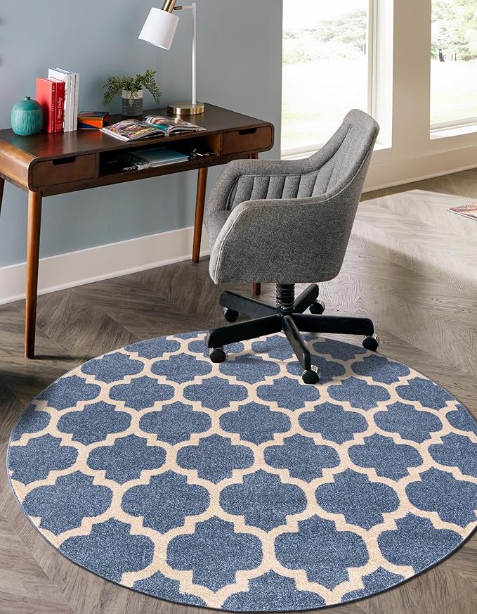 Rugs.com Lattice Collection Rug – 6 Ft Round Light Blue Medium-Pile Rug Perfect for Kitchens, Dining Rooms