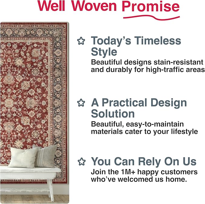 Well Woven Asha Rome Red 2'3" x 7'3" Runner Rug - Oriental Floral Pattern, Easy Clean, Floor-Friendly Backing - for Hallway, Entryway, and Kitchen