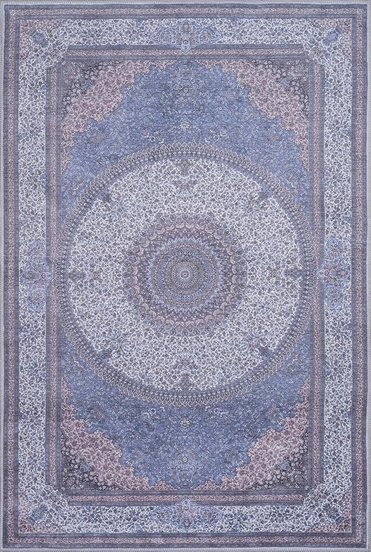 GLN Rugs Traditional Collection - Machine Washable Area Rug, Traditional Washable, Non Slip, Low Pile Chenille Rug, Living Room, Bedroom, Kitchen Rug (6' x 9' Navy/Off White)