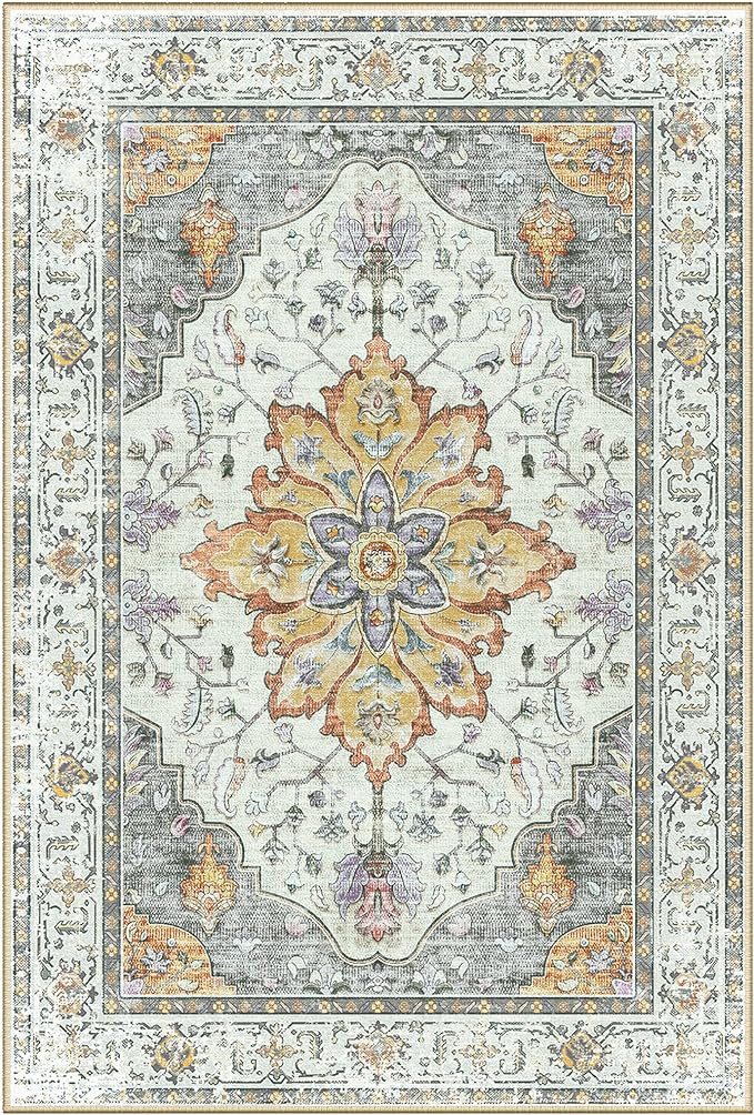 Area Rugs Square 7ft Washable Non-Slip, Floral Vintage Distress Print Pattern Medallion Carpet for Living Room Bedroom Dining Room, Light Yellow Carbon Grey Orange