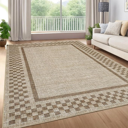 Small Bedroom Area Rug 3x5 Checkered Area Rug for Living Room Nursery Non Slip Kitchen Throw Carpet Low Pile Modern Bordered Rugs Washable Bathroom Mat Soft Brown Rugs for Laundry Entryway, Taupe
