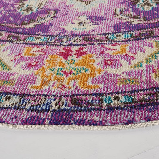 SAFAVIEH Monaco Collection Area Rug - 3' Round, Violet & Light Blue, Boho Chic Medallion Distressed Design, Non-Shedding & Easy Care, Ideal for High Traffic Areas in Living Room, Bedroom (MNC243L)