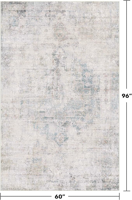 Blue Abstract Rug for Living Room - 5x8 Modern Area Rug for Home Office, Foyer, Bedroom, Low Pile & Lightweight