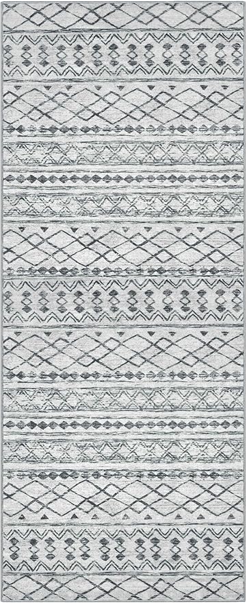 KUTA Boho Hallways Runner Rugs 2x12, Moroccan Washable Kitchen Rug Non-Slip Vintage Grey 12ft Ultra Soft Distressed Geometric Floor Carpet Runners for Bedroom Laundry Living Room