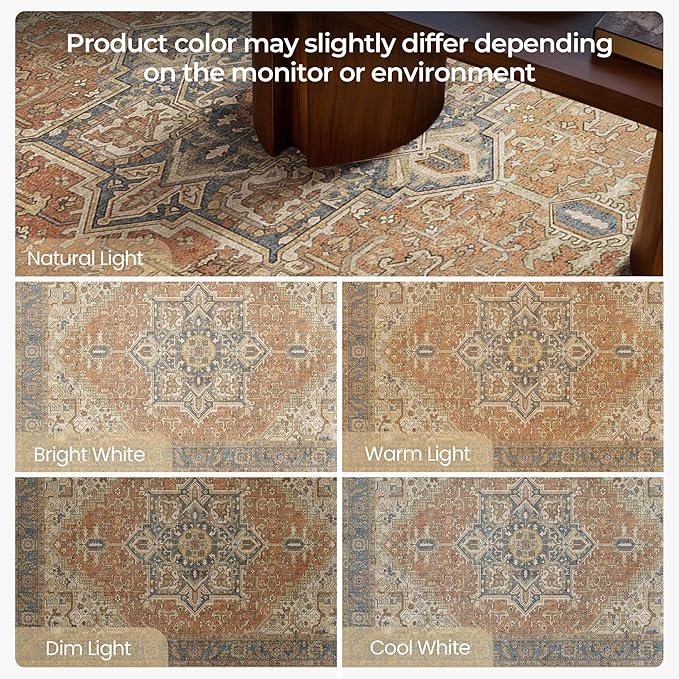 Kokia 6x9 Washable Area Rugs Terracotta with Vintage Orient Design, Soft Rug for Living Room or Bedroom, Non-Slip Low Pile Stain Resistance Features, Distressed Medallion Pattern