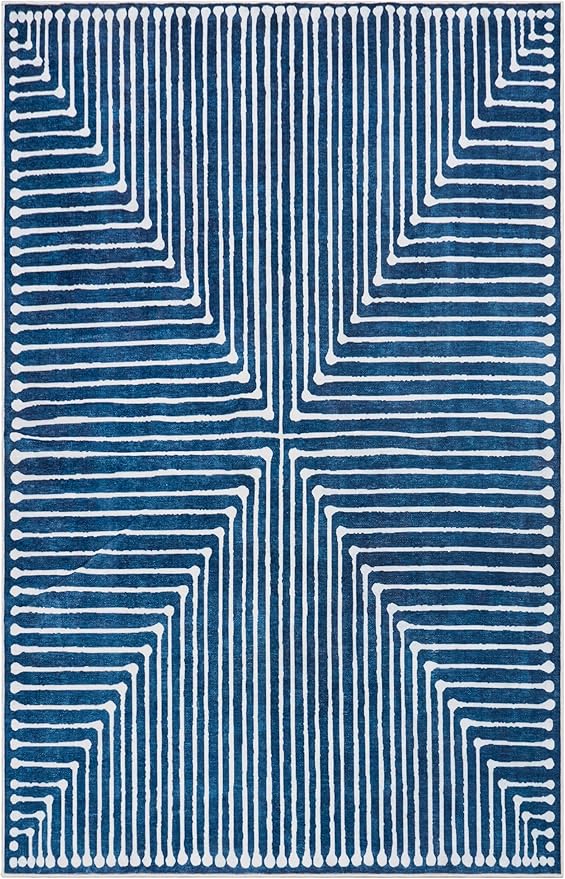 GLN Rugs Contemporary Collection - Machine Washable Area Rug, Contemporary Washable, Non Slip, Low Pile Chenille Rug, Living Room, Bedroom, Kitchen Rug (3' x 5' Lines Blue)