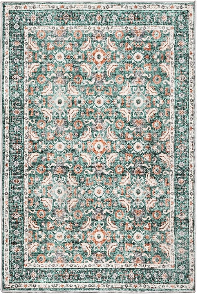 WITSHOCK Washable 2x3 Entryway Area Rug: Soft Non-Slip Backing Washable Rugs Vintage Flower Boho Accent Small Rugs for Bedroom, Kitchen, Bathroom, Nursery Entrance,Teal Blue