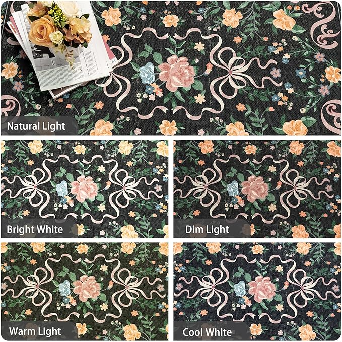 Black Rug Bow Floral 8x10 Rug, Washable Area Rugs for Bedroom Living Room, Dining Room,Kids Room, Office,Playroom, Boho Modern Aesthetic Farmhouse Decor Non Slip Low Pile Carpet