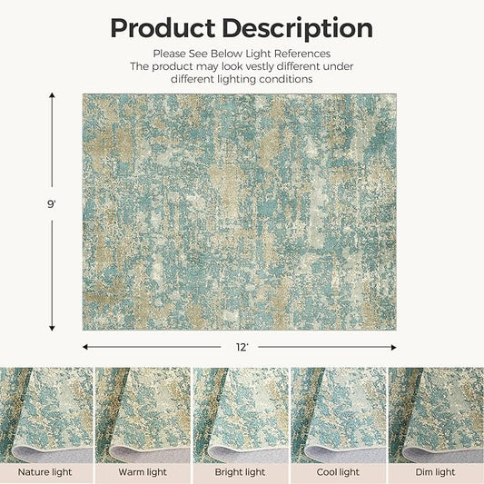 WITSHOCK Living Room Area Rugs 9x12:Modern Abstract Machine Washable Large Rug for Bedroom Dining Room Non-Slip Stain Resistant Home Office Decor,Teal Brown