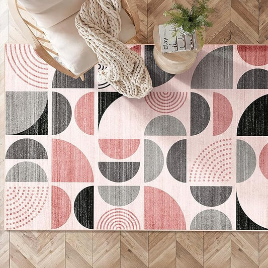 MUJOO Pink Rug Boho Washable,3x5 Area Rugs for Bedroom Entryway Living Room Bedside,Small Throw Floor Carpet Non Slip Soft Indoor Modern Abstract Pink and Grey