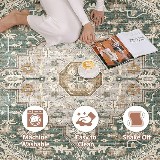 Round Rug Living Room Rugs: 8x8 Washable Boho Neutral Large Circle Soft Indoor Distressed Stain Resistant Floor Farmhouse Carpet for Bedroom Nursery Kids Playroom Office Dining Room Dorm- Green