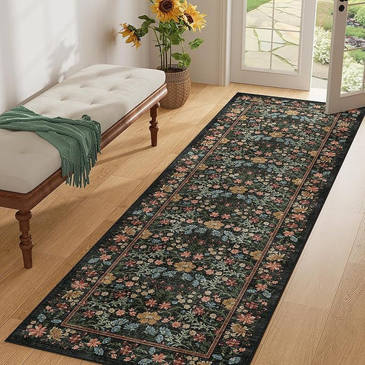 DUKINO 2.6x8 Runner Rug for Hallway, Washable Vintage Floral Kitchen Rug with Non Slip Backing, Soft Low Pile Throw Carpet Runner for Kitchen, Laundry, Hallway, Bathroom, Black