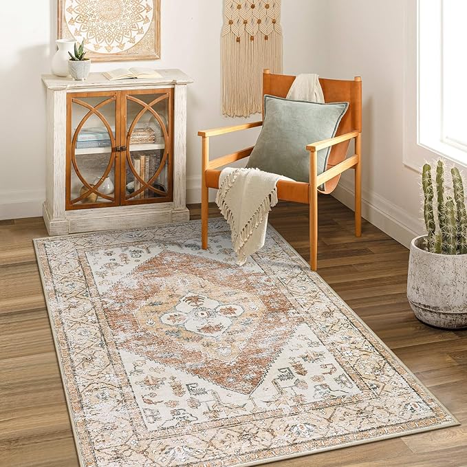 Lahome Boho Washable Living Room Area Rug 3x5 Throw Non-Slip Rugs for Bedroom Aesthetic Lightweight Thin Entry Rug Kitchen Rugs Oriental Distressed Print Capet for Office Bathroom Laundry Room