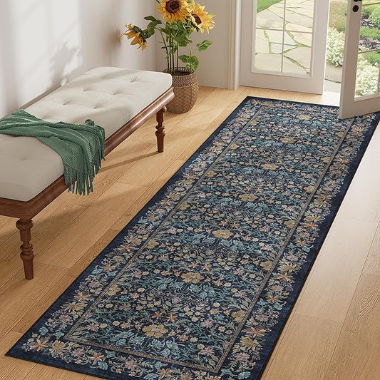DUKINO 2.6x8 Runner Rug for Hallway, Washable Vintage Floral Kitchen Rug with Non Slip Backing, Soft Low Pile Throw Carpet Runner for Kitchen, Laundry, Hallway, Bathroom, Dark Blue