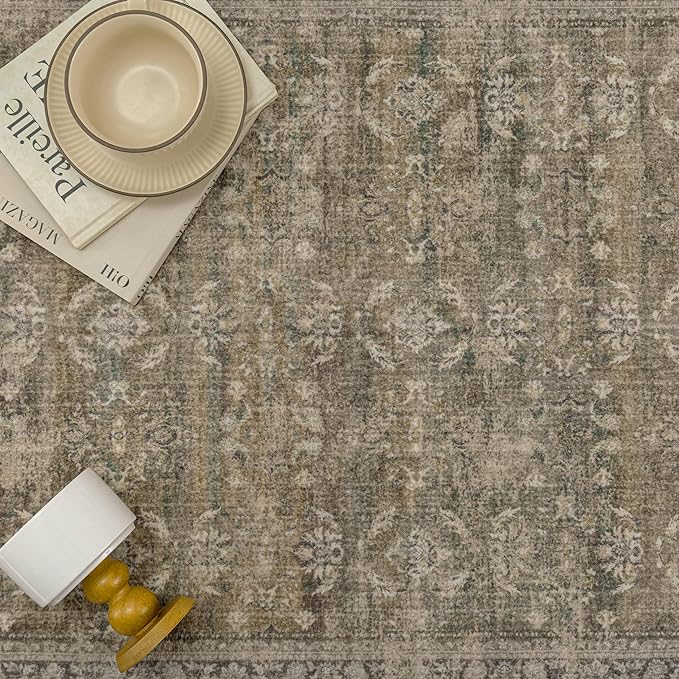 5x7 Brown Area Rug for Living Room Washable Vintage Distressed Carpet Bedroom Low Pile Non Slip Indoor Soft Retro Throw Accent Rug Office Kitchen Bathroom Dining Room